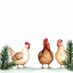 A farm scene with chickens and a decorated tree, snow on the ground, watercolor illustration, isolated on white background