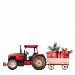 A farm tractor pulling a wagon filled with Christmas presents, watercolor illustration, isolated on white background