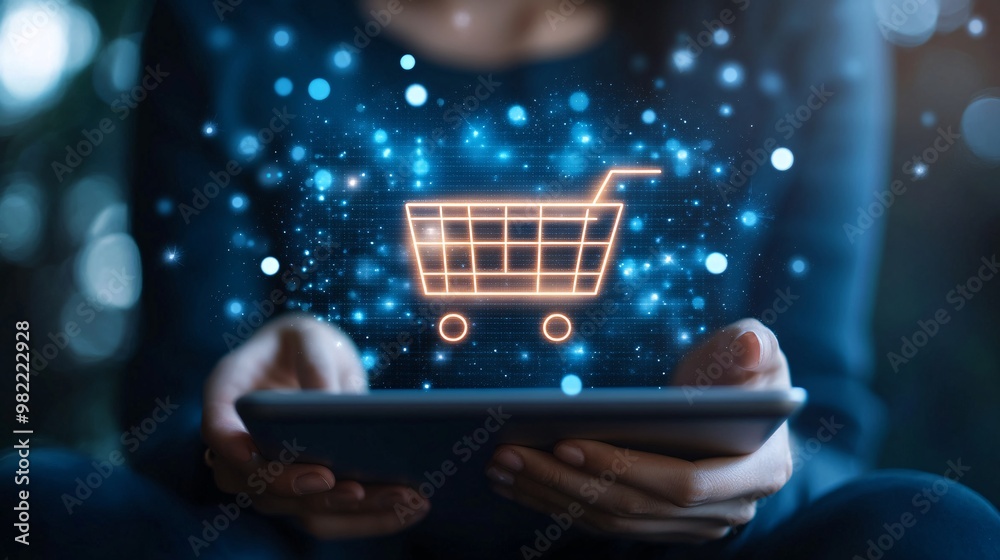 Poster A person entering payment information on a tablet for an online purchase, with a secure checkout button glowing on the screen. The image conveys trust in digital transactions and ease of payment