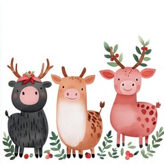 Fototapeta premium A farmyard filled with animals wearing holiday accessories, watercolor illustration, isolated on white background
