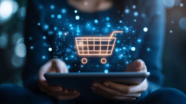 A person entering payment information on a tablet for an online purchase, with a secure checkout button glowing on the screen. The image conveys trust in digital transactions and ease of payment