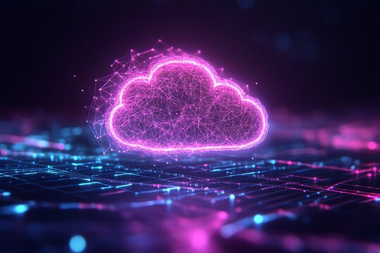 Abstract cloud computing concept with glowing lines and dots.