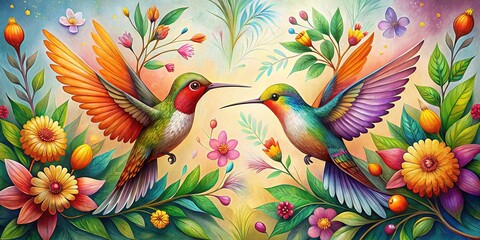"Vibrant hummingbirds in warm colors, perhaps with leaves, flowers, or birds in their feathers, adorn delicate arms, legs, or backs for a whimsical art piece"
