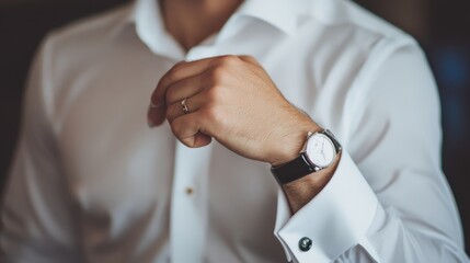 Groom's Wedding Day Preparation: Elegant Man Fastening Cufflinks - Formal Attire for Special Occasion