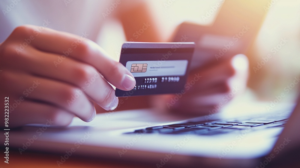 Poster a credit card being used for an online purchase on a laptop, with a secure checkout message on the s