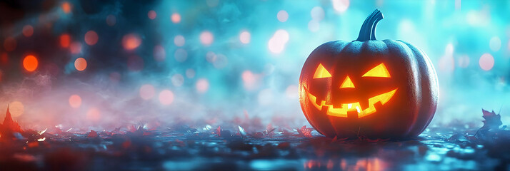 halloween jack o lantern pumpkin on a bokeh background with copy space, ai generated.