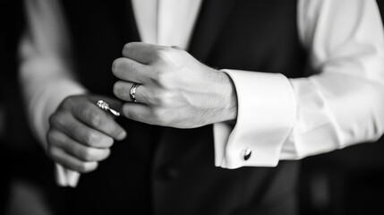 Obraz premium Elegant Groom Wearing Cufflinks in Wedding Day Preparation