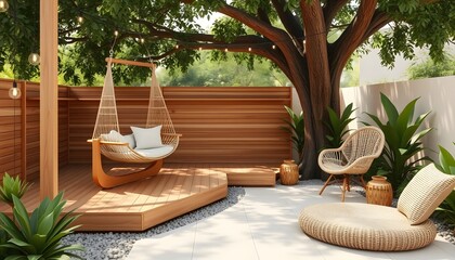 Obraz premium Outdoor Patio with Hammock, Wicker Chairs, and Plants