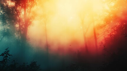 Silhouetted Trees in a Misty Forest Bathed in Warm Light