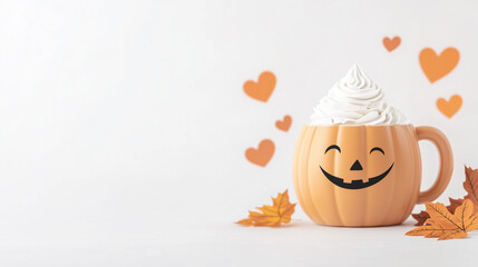 Cute pumpkin spice latte with whipped cream in a smiling pumpkin mug, surrounded by autumn leaves and hearts, playful and detailed illustration, copy space