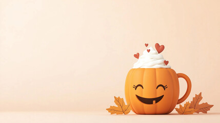 Pumpkin spice latte in a cute smiling pumpkin mug, whipped cream on top with hearts and fall leaves around, warm and whimsical illustration, copy space