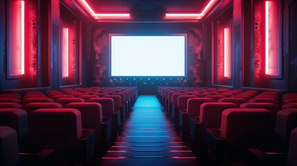 Fototapeta premium Modern Cinema Theater with Neon Lights and Empty Seats, Perfect for Movie Promotions and Entertainment Venues.