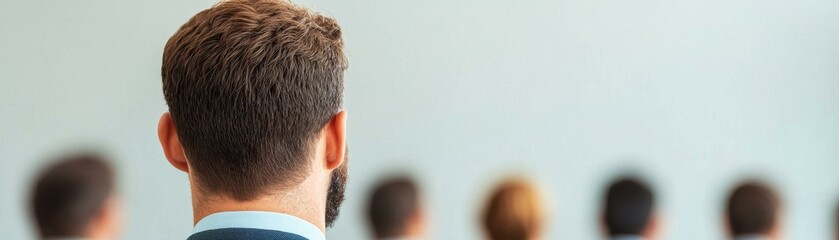 Fototapeta premium A man observes a conference or presentation, highlighting engagement and interest in learning environments.