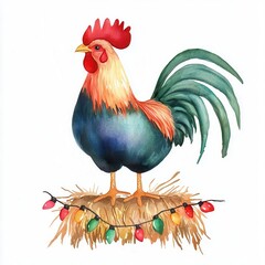 Fototapeta premium A rooster standing on a hay bale with Christmas lights in a barnyard, watercolor illustration, isolated on white background