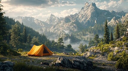 a tent standing near a mountain river