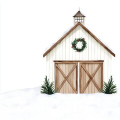 A snowcovered barn with Christmas lanterns and wreaths on the windows, watercolor illustration, isolated on white background