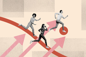 Creative picture collage young colleagues workers run forward achievement step ambition inspiration...