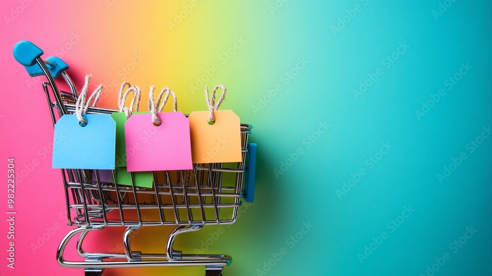 Poster digital illustration of a shopping cart with multiple discount tags attached, floating in a bright, 
