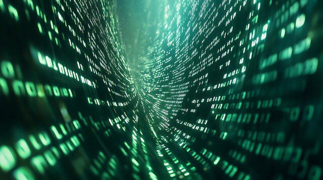 A close-up of a binary stream displayed on a digital screen, with the green numbers reflecting off the surface, giving the impression of depth and movement. The image suggests the dynamic nature