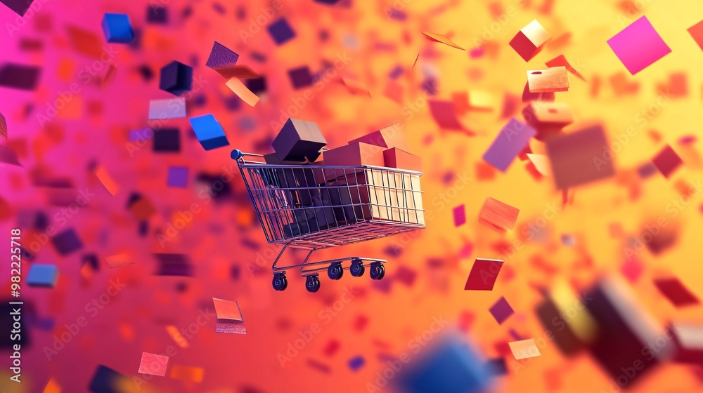 Poster vector art showing a shopping cart on a digital platform with discount tags flying around. the clean