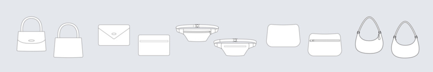 Set of different bags:  handbag,waist bag, clutch vector template isolated on white. Apparel models sketch set. Outline for fashion clothes design. Front and back view	