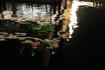 Reflection of colored lights in the water. Blurred colors in the water