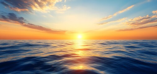 Obraz premium A breathtaking sunset over the calm ocean, with vibrant colors reflecting on the water's surface, creating a serene atmosphere.