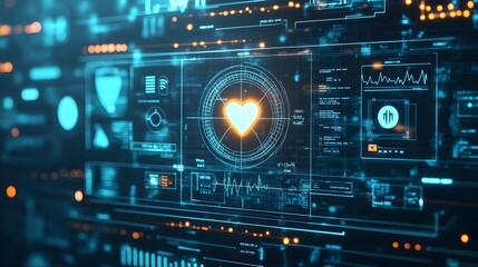 Futuristic Digital Interface with Glowing Heart Icon