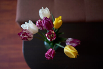  bouquet of multicolored tulips in a transparent jar in the interior