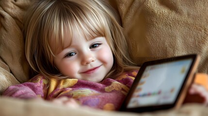 A cheerful toddler relaxing on a couch, engaged with a tablet, showcasing curiosity and joy in a cozy environment.