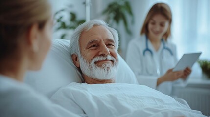 Obraz premium A middle-aged man lying in a hospital bed, recovering from surgery. His family is gathered around him, offering comfort and support while a nurse checks his vitals. Large space for text in center