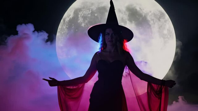 A mystical witch standing under a full moon with her arms outstretched, evoking a sense of power, magic, and mystery.