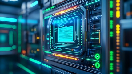 Fototapeta premium Futuristic Server Rack with Neon Lights