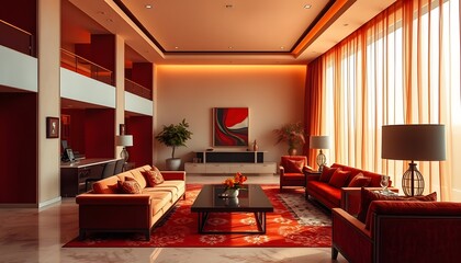 Modern Living Room with Red Accents and Large Windows
