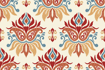Ikat seamless pattern, geometric design, motif ethnic handmade, Ikat ethnic tribal, boho colors seamless wallpaper. Ethnic Ikat abstract background art, greeting cards, printing products