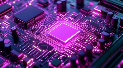 Obraz premium Close-up of a modern circuit board with glowing pink elements, showcasing intricate details and advanced technology.