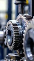 Close-up of industrial gears showcasing precision engineering and mechanical design in a factory setting.