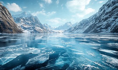 Empty ice surface, frozen mountain lake, winter mountains landscape with copy space