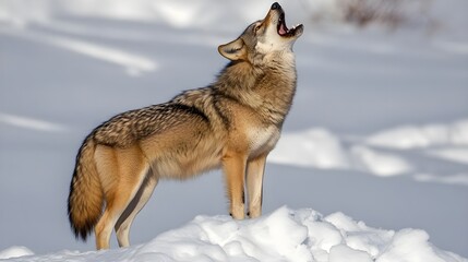 Fototapeta premium A coyote howling in the snowy wilderness, showcasing its wild beauty and natural habitat.
