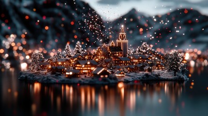 In the quiet of the night, a mountain village glimmers with fireworks, as snow-clad houses and glowing windows cast their reflections on a serene lake.