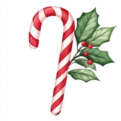 Candy cane clipart, traditional red and white striped, watercolor illustration, festive colors, isolated on white background