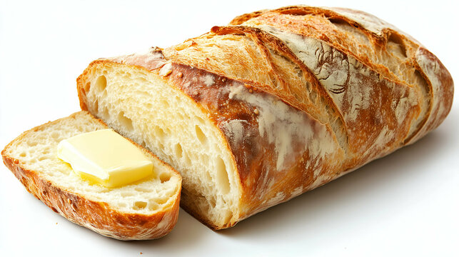 A rustic loaf of artisan bread, freshly baked to golden perfection with a crispy crust and soft interior. One slice is topped with a thick pat of creamy butter, ready to melt into the fluffy bread.