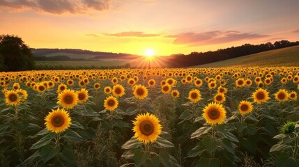 Obraz premium A breathtaking field of sunflowers basking in the golden glow of sunset, creating a serene and picturesque landscape.