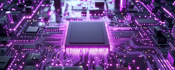 Fototapeta premium A close-up view of a modern microchip with vibrant purple lights illuminating intricate circuit designs, showcasing technology and innovation.
