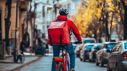 A cyclist in a red jacket rides through a bustling city street, delivering food with a vibrant backdrop of autumn leaves.