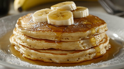 Fluffy Pancakes with Sliced Bananas and Maple Syrup - A stack of warm, fluffy pancakes topped with fresh banana slices and drizzled with golden maple syrup.