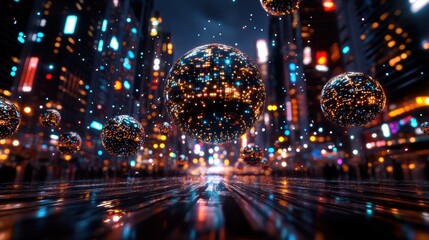 Fototapeta premium A futuristic urban scene at night featuring floating glowing spheres, illuminated by vibrant neon city lights and reflections.