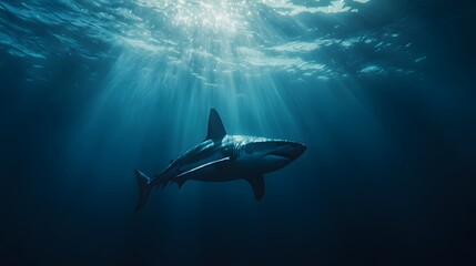 Fototapeta premium Shark with open mouth and dark sea, Generative AI