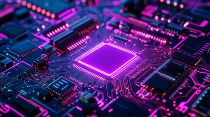 Fototapeta premium A vibrant close-up of a modern microchip, showcasing intricate circuitry and glowing neon elements, reflecting technology's advancement.