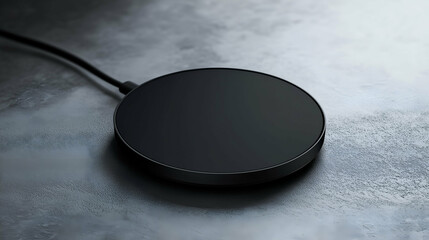 A minimalist black wireless charging pad with a smooth design, resting on a textured surface. The modern and functional accessory adds a touch of sophistication to any tech setup.